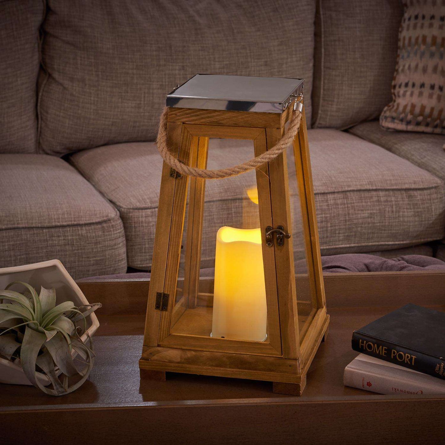 Smart Living 15 In. One Mantle Wood Newport LED Candle Lantern Brown