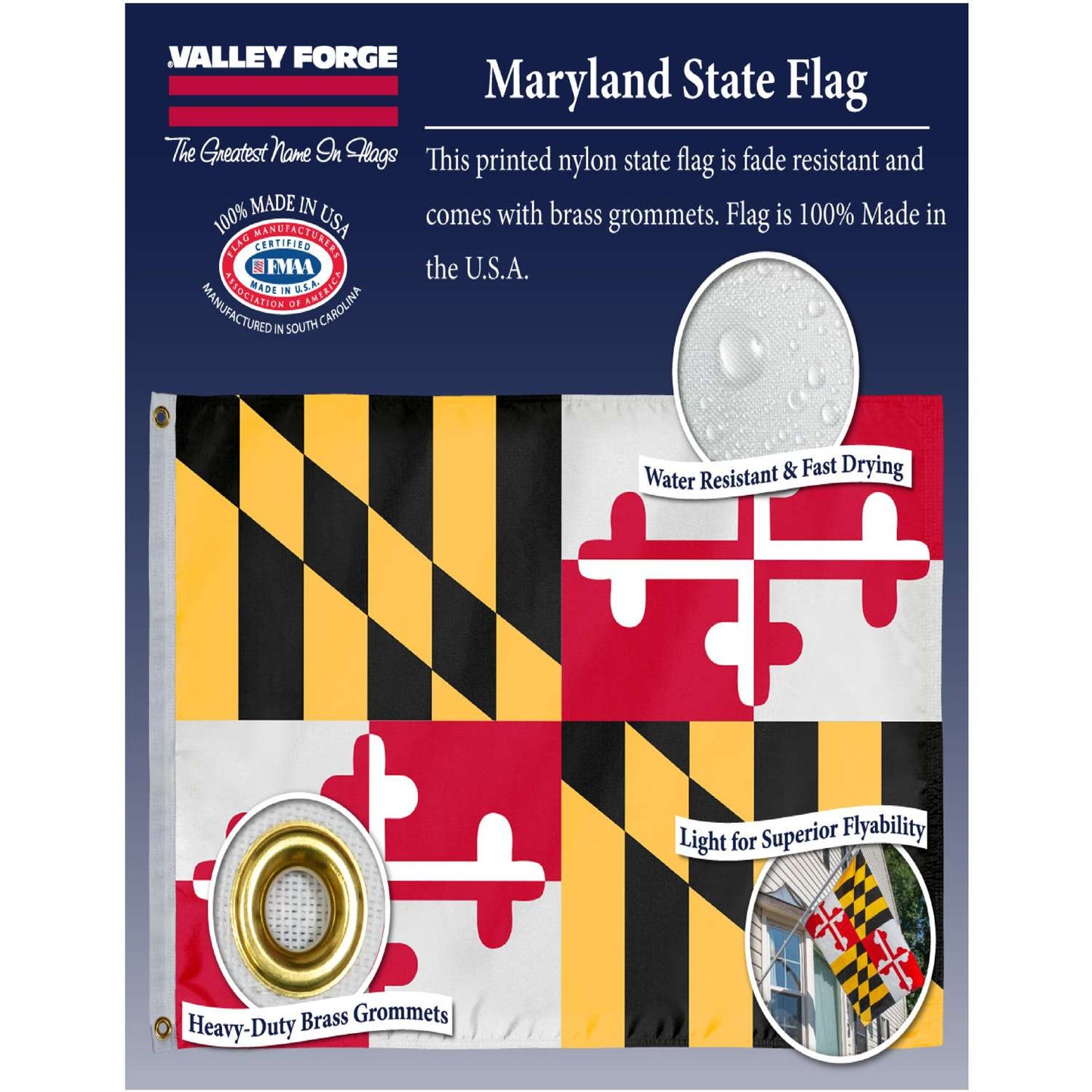 Valley Forge Maryland State Flag 36 In. H X 60 In. W