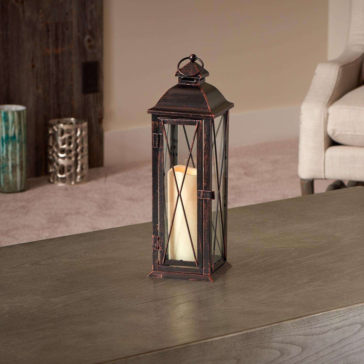 Smart Living 16 In. Glass/Metal Siena LED Candle Lantern Bronze