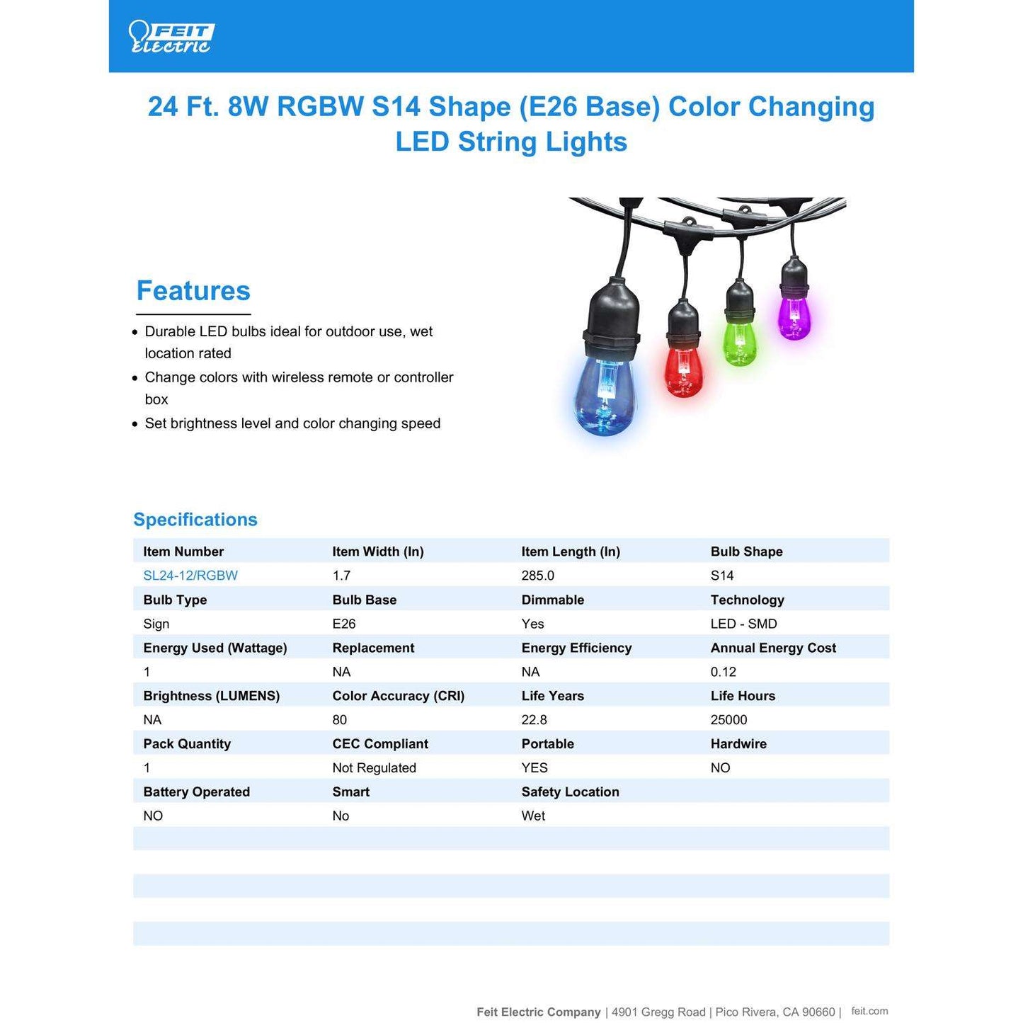 Feit String Lights LED String Lights Multicolored 24 Ft. 12 Lights