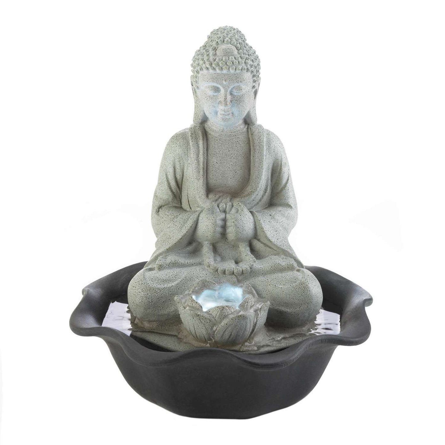 Zingz & Thingz Polyresin Black/Gray 11 In. H Buddha On Lotus Table Top Fountain