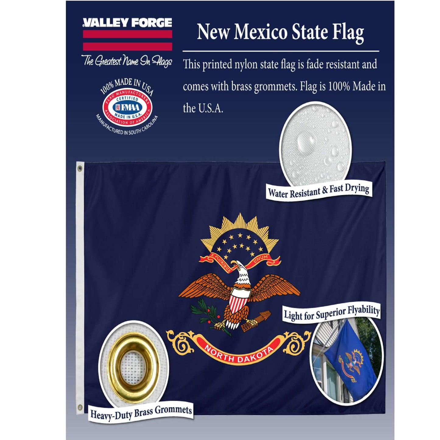 Valley Forge North Dakota State Flag 36 In. H X 60 In. W