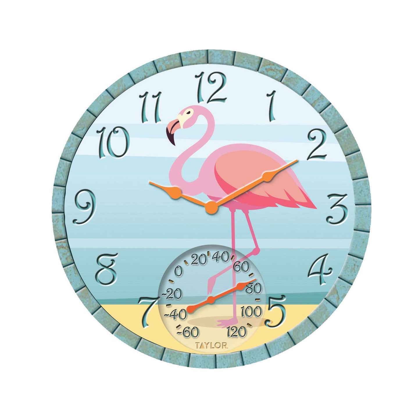 Taylor Flamingo Clock/Thermometer Polyresin Multicolored 14 In.
