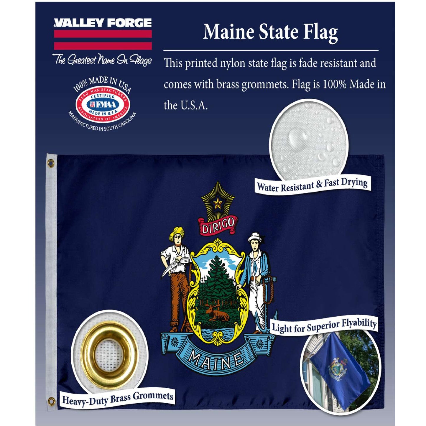 Valley Forge Maine State Flag 36 In. H X 60 In. W