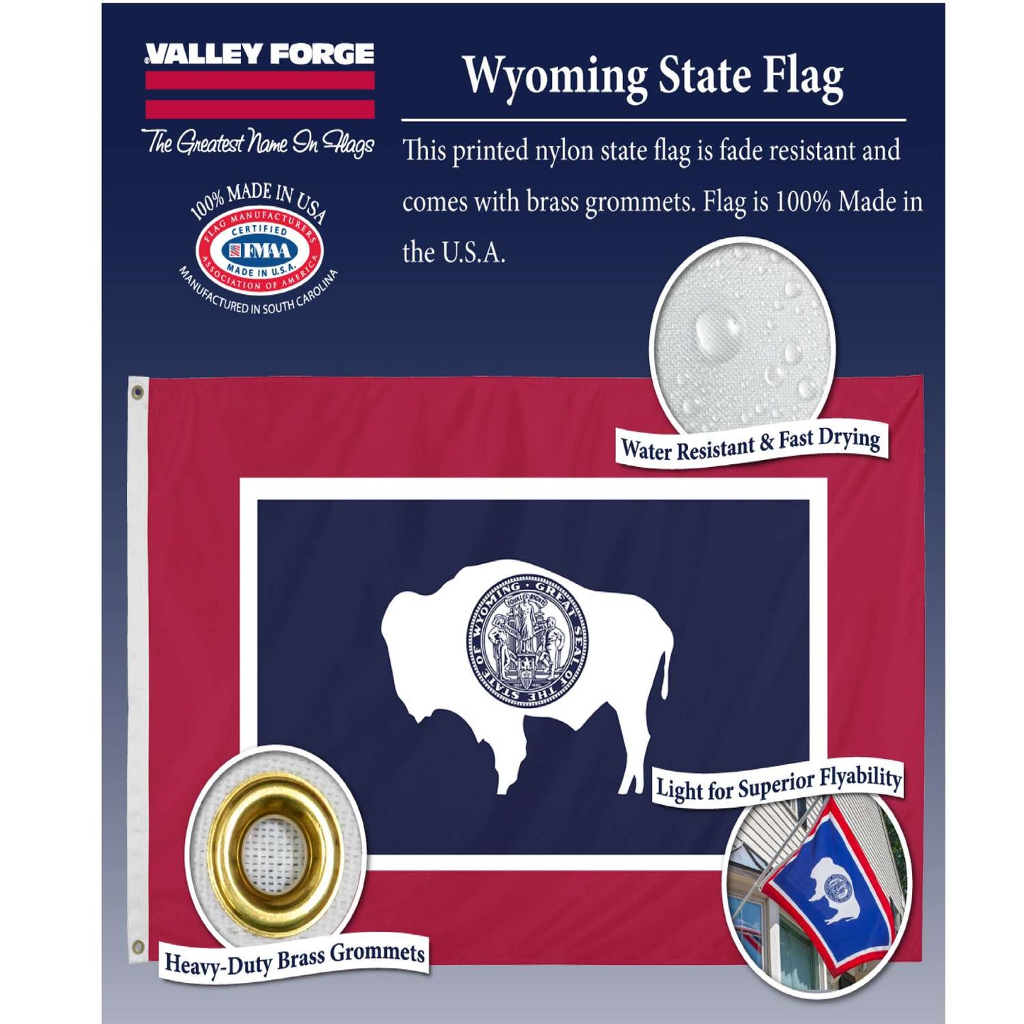 Valley Forge Wyoming State Flag 36 In. H X 60 In. W