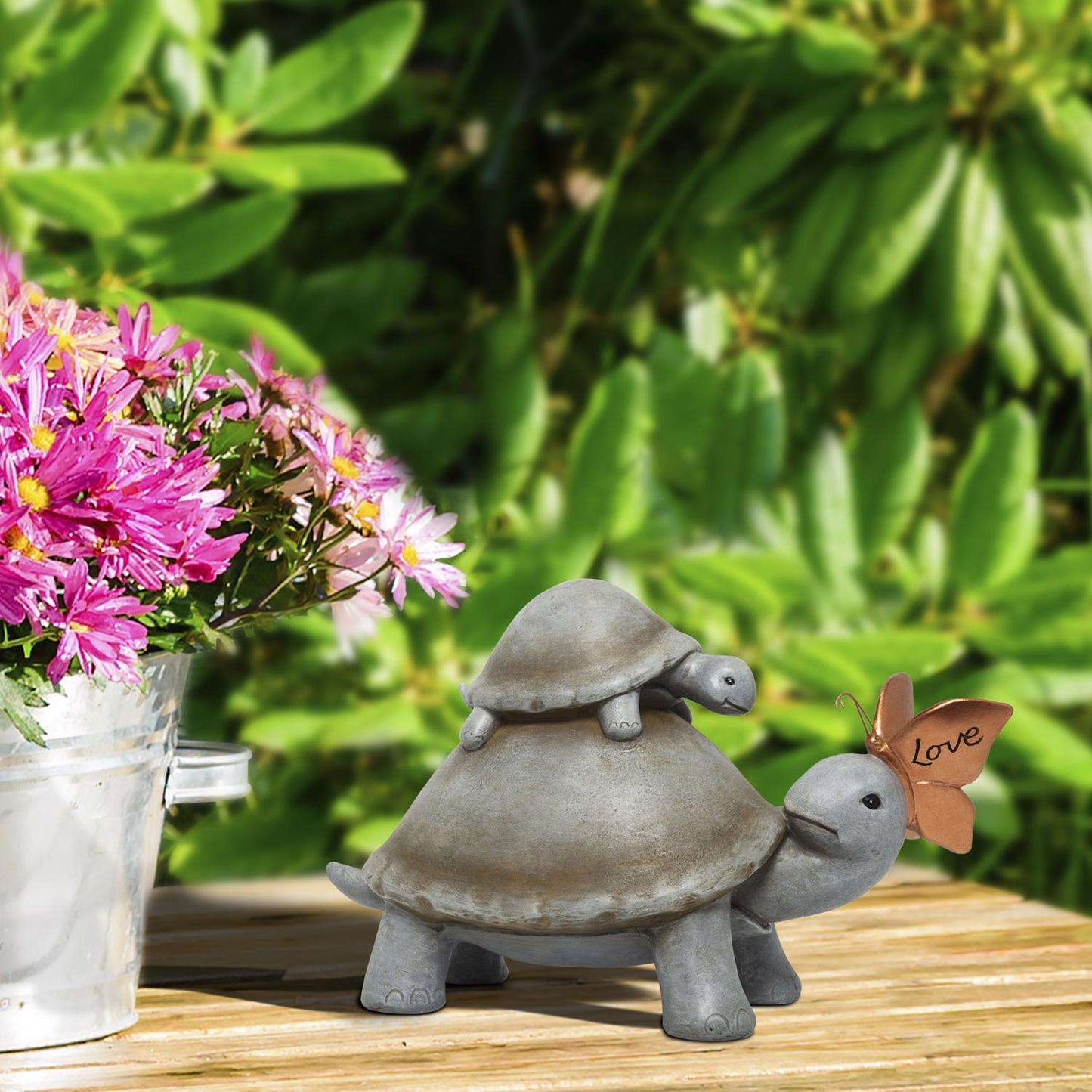 Alpine Polyresin Multi-color 9 In. Mother And Baby Turtle With Love Butterfly Garden Statue