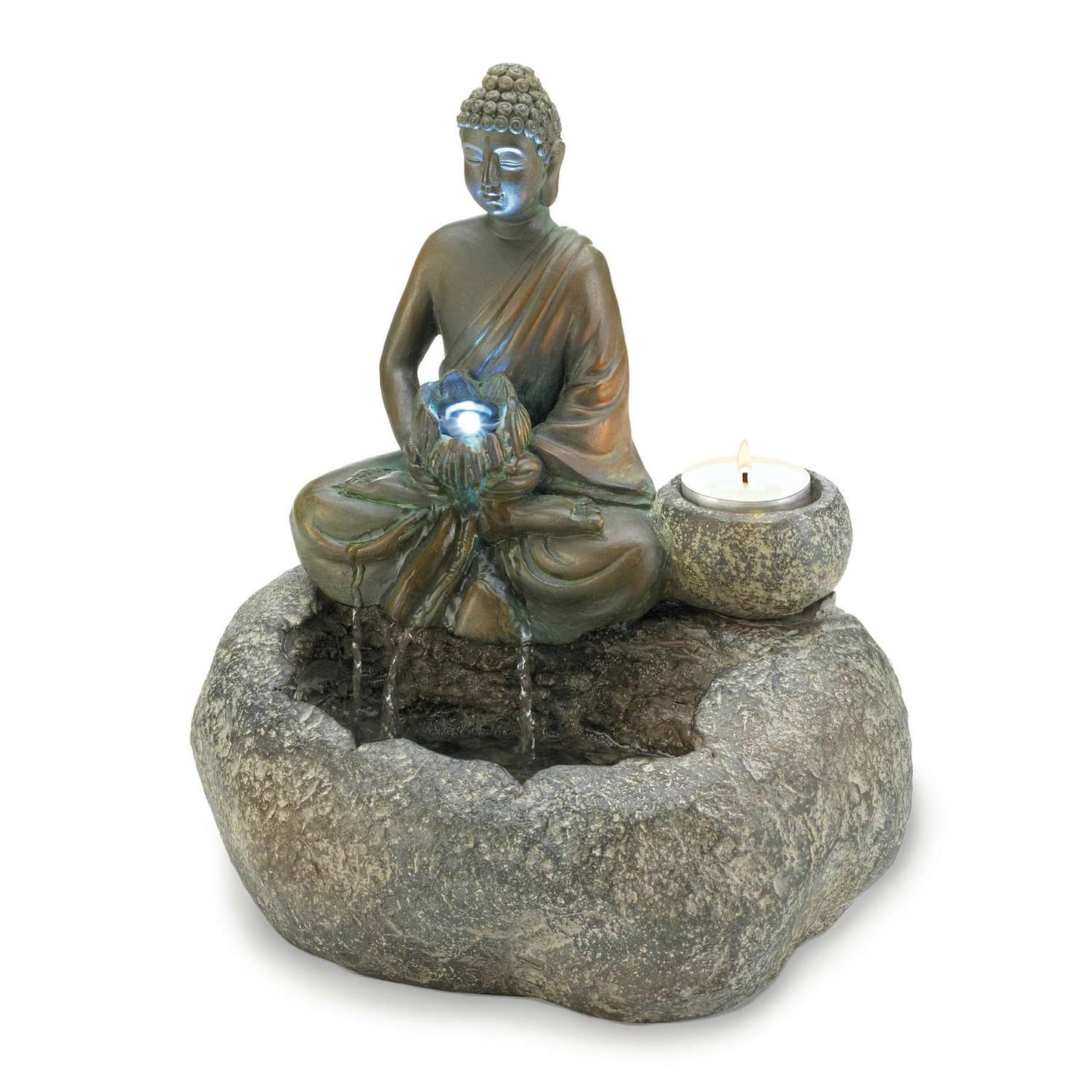 Cascading Fountains Light-Up Buddha With Candle Holder Resin/Stone Powder/Sand Table Top Fountain