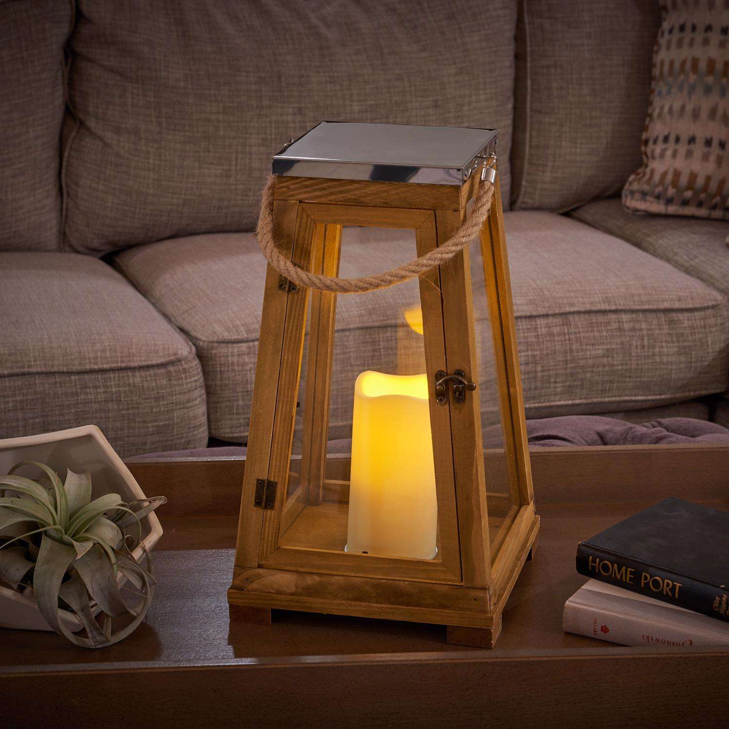  Smart Living 15 In. One Mantle Wood Newport LED Candle Lantern Brown