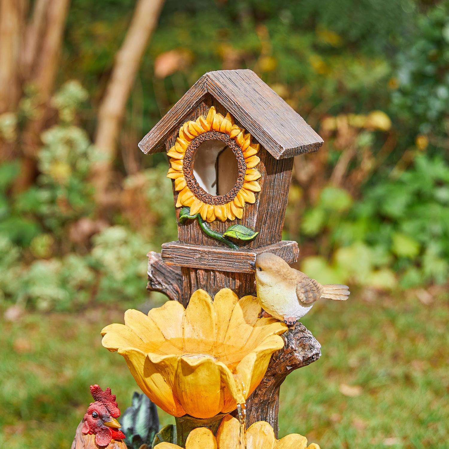  Glitzhome Resin Multi-color 28.5 In. H Farmhouse Sunflowers And Birdhouse Outdoor Fountain