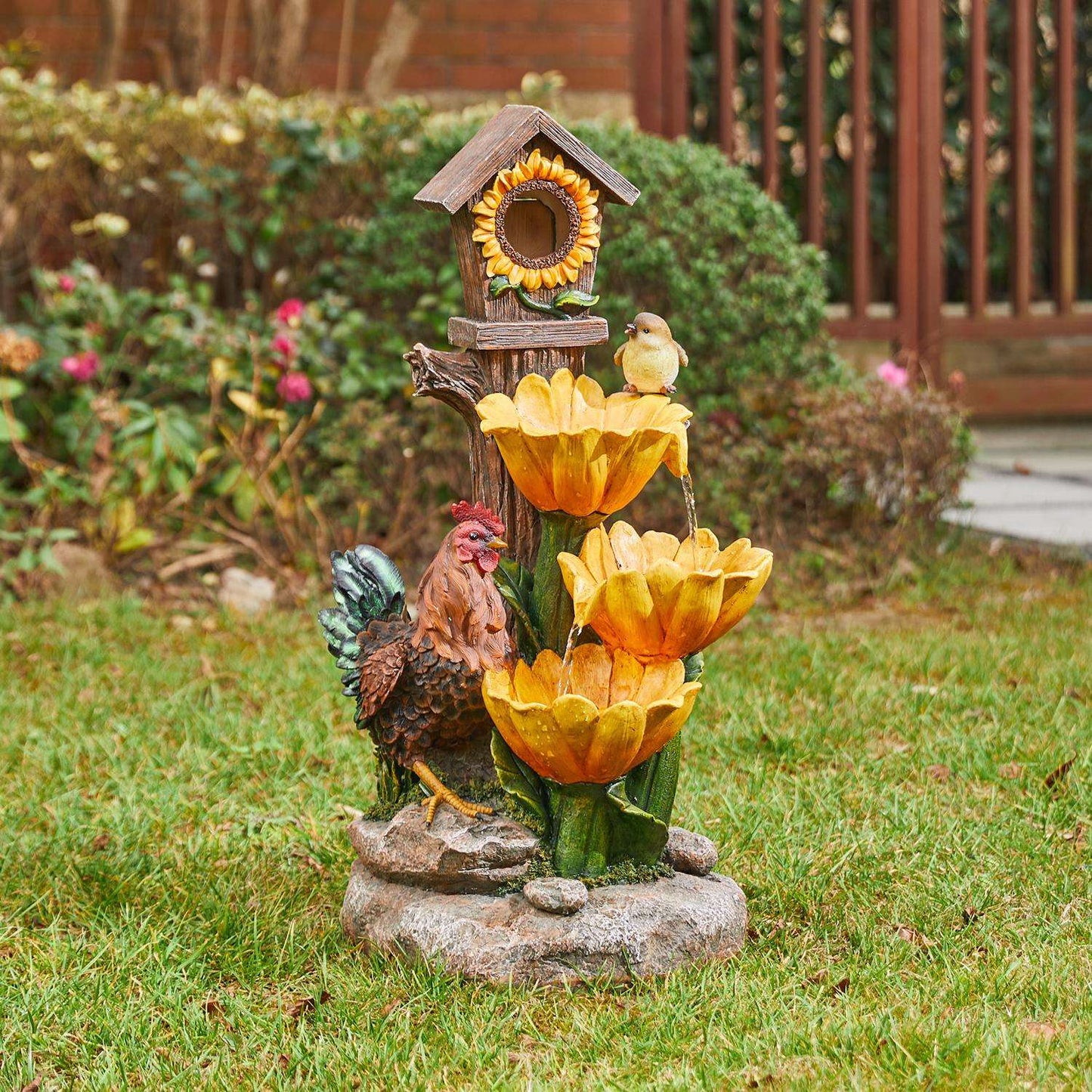  Glitzhome Resin Multi-color 28.5 In. H Farmhouse Sunflowers And Birdhouse Outdoor Fountain