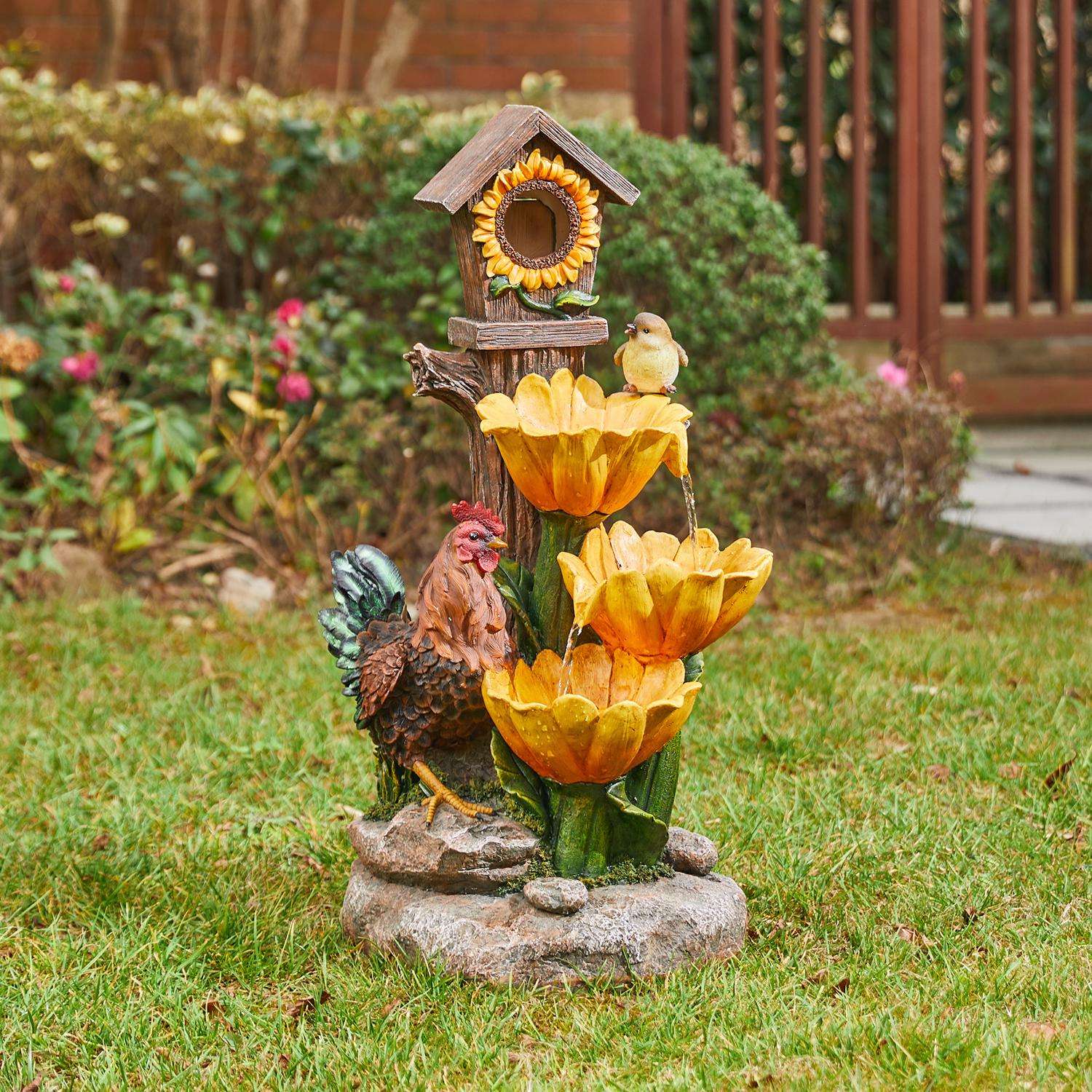  Glitzhome Resin Multi-color 28.5 In. H Farmhouse Sunflowers And Birdhouse Outdoor Fountain