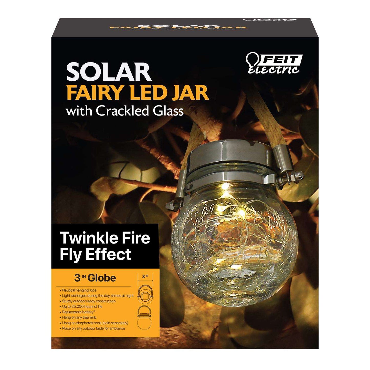  Feit Solar Fixtures 3.7 In. Solar Power Glass Round Coach Lantern Crackle Jar W/Fairy Lights Clear