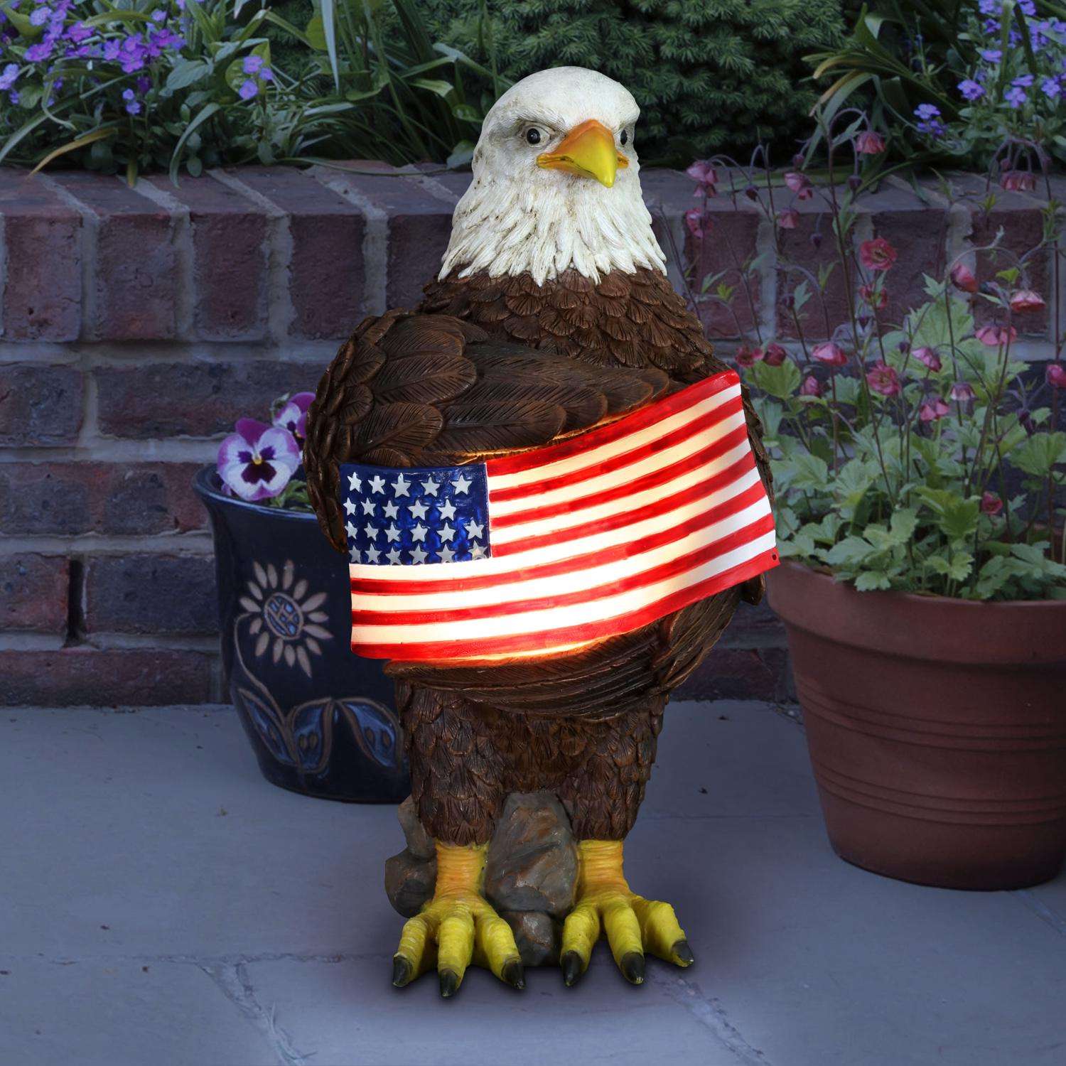  Exhart Multicolored Resin 12 In. H Bald Eagle With USA Flag Solar Statue
