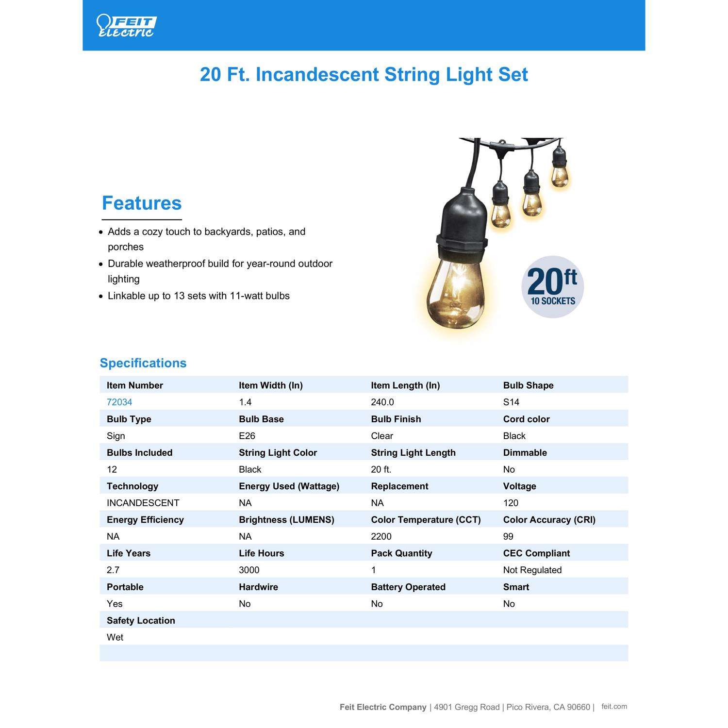  Feit String Lights Incandescent String Light Set Clear 20 Ft. 10 Lights