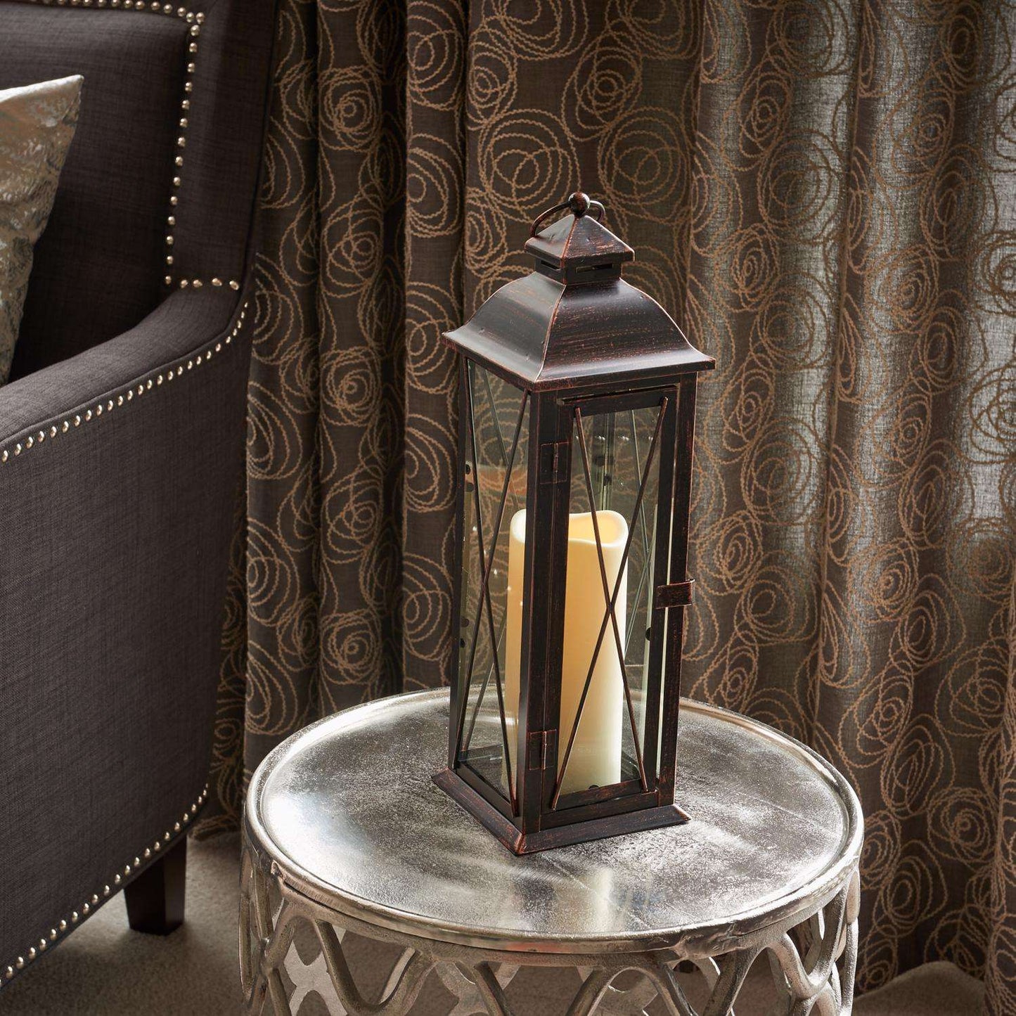  Smart Living 16 In. Glass/Metal Siena LED Candle Lantern Bronze