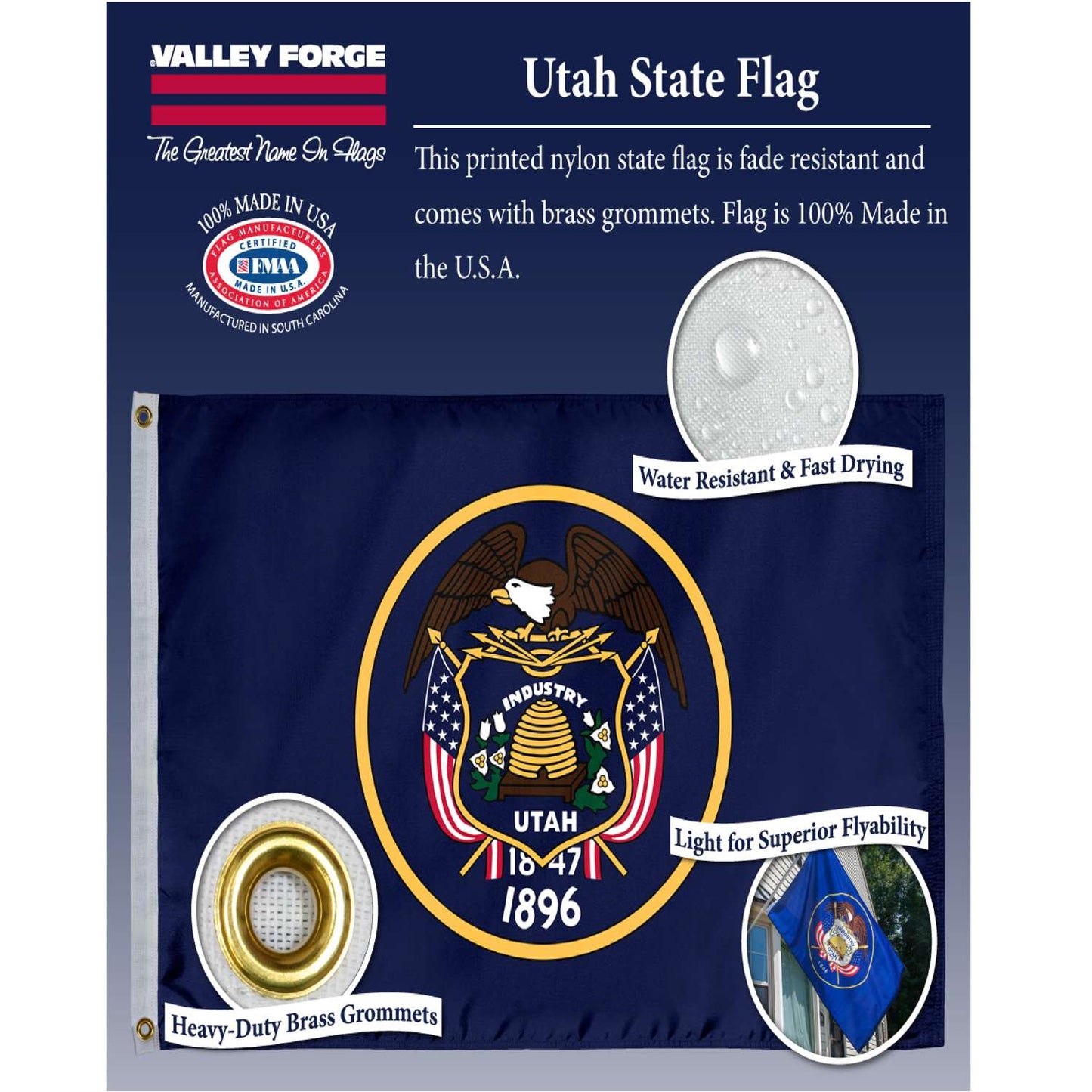  Valley Forge Utah State Flag 36 In. H X 60 In. W
