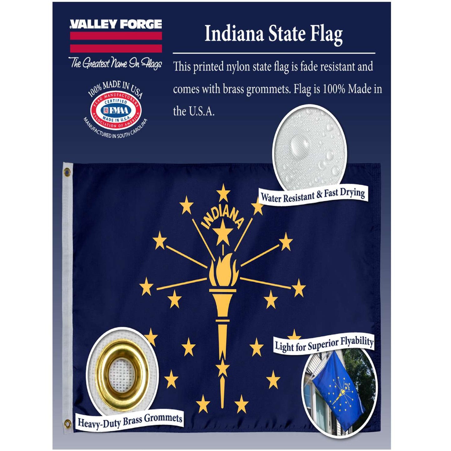  Valley Forge Indiana State Flag 36 In. H X 60 In. W