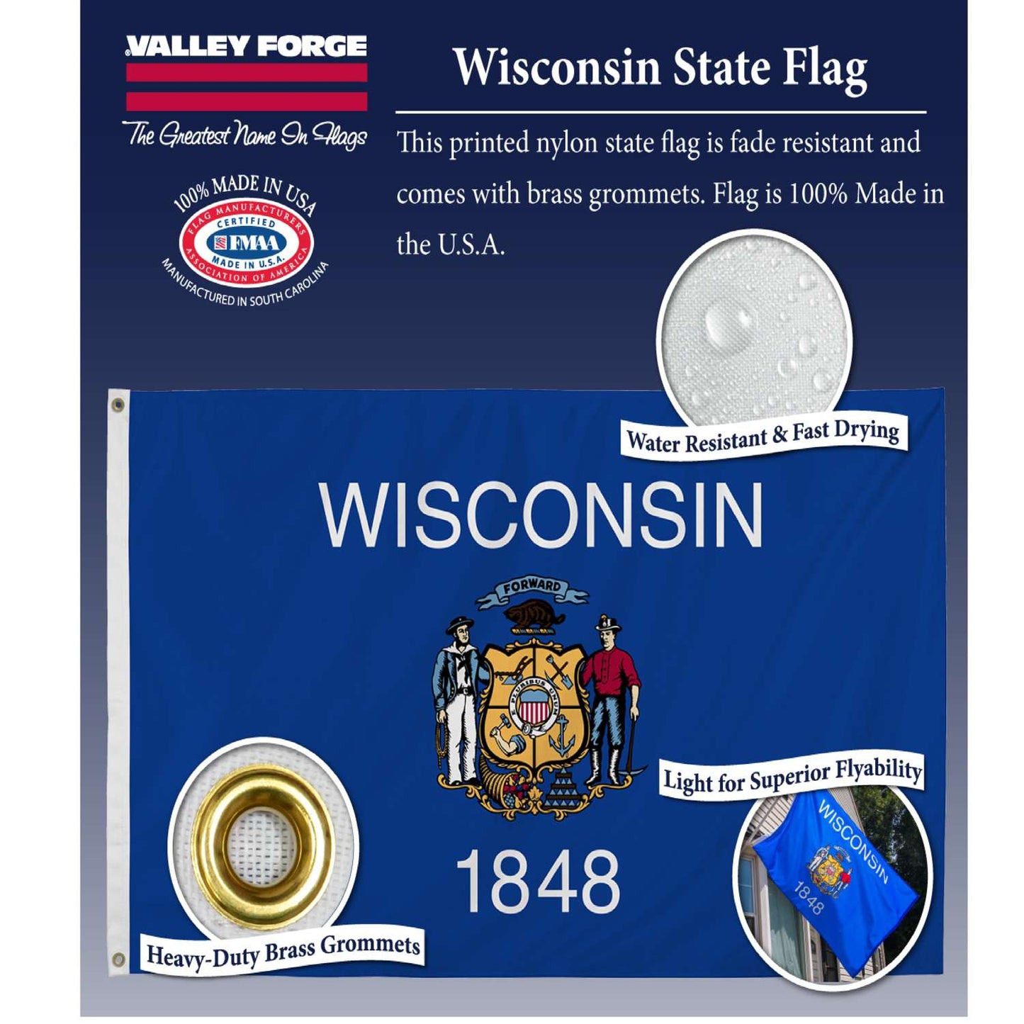  Valley Forge Wisconsin State Flag 36 In. H X 60 In. W