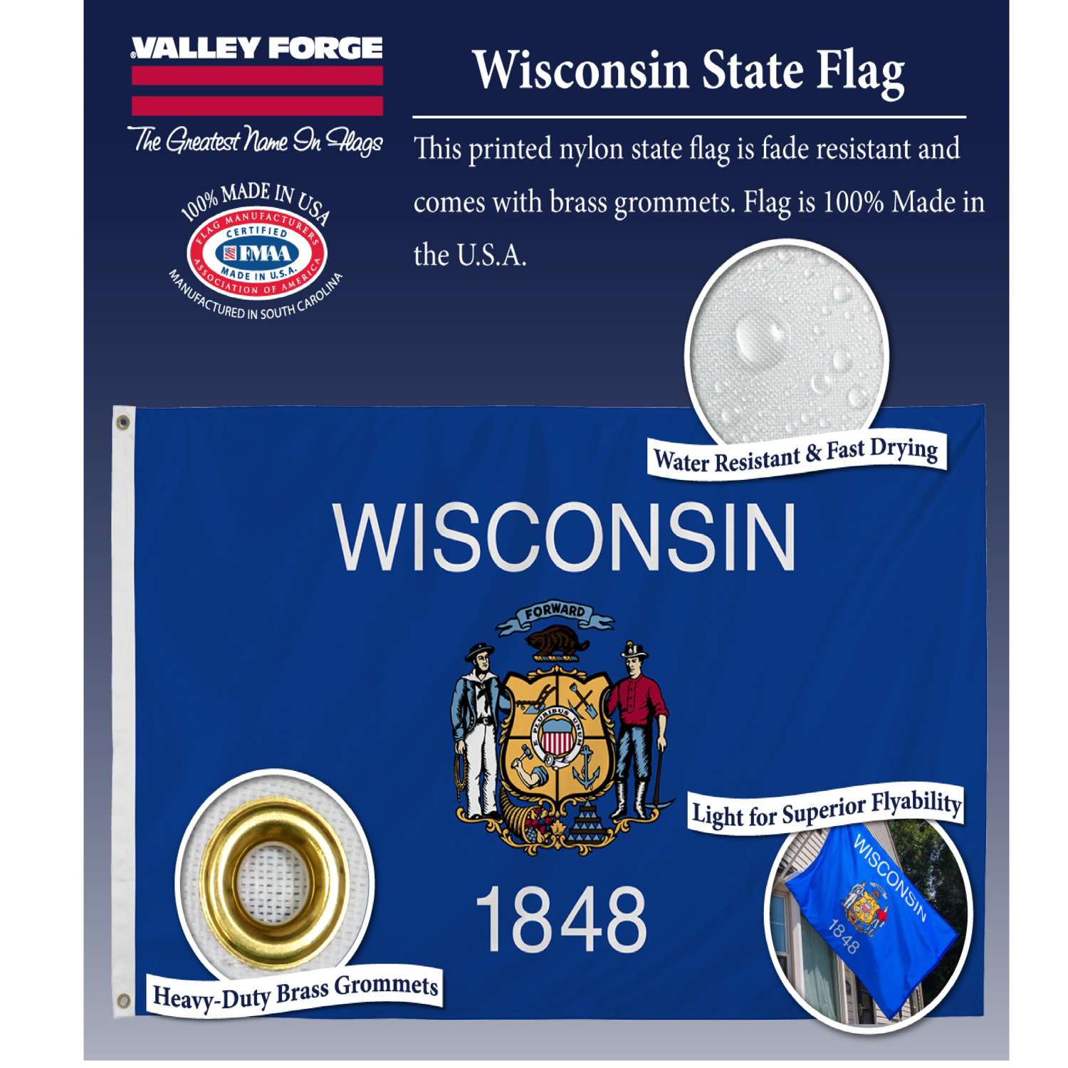  Valley Forge Wisconsin State Flag 36 In. H X 60 In. W