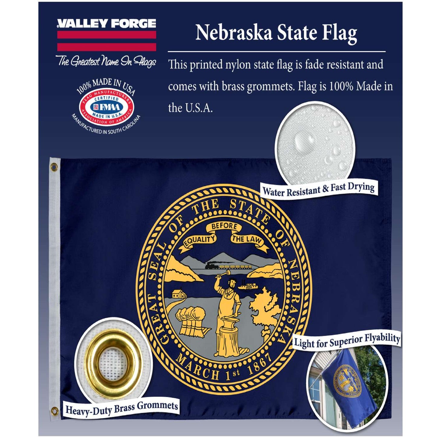  Valley Forge Nebraska State Flag 36 In. H X 60 In. W