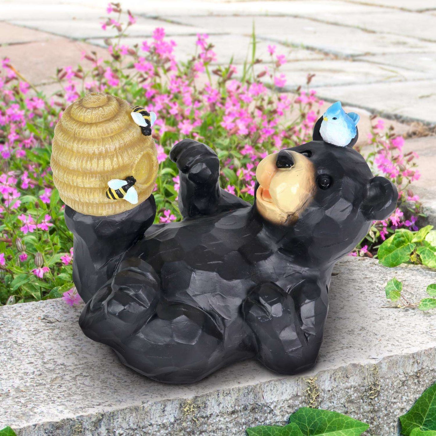  Exhart WindyWings Resin Black/Yellow 7.5 In. Bear Playing With An Illuminating Bee Hive Statue
