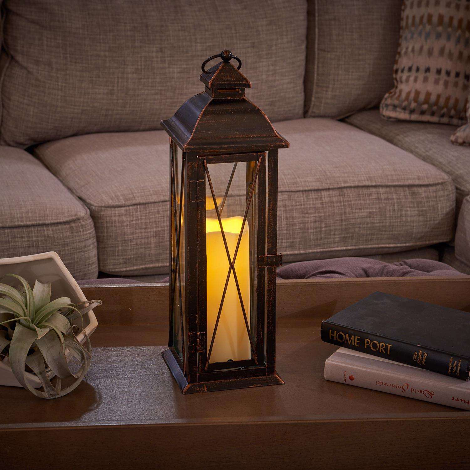  Smart Living 16 In. Glass/Metal Siena LED Candle Lantern Bronze