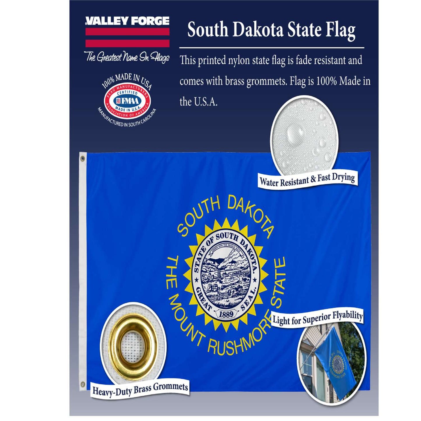  Valley Forge South Dakota State Flag 36 In. H X 60 In. W