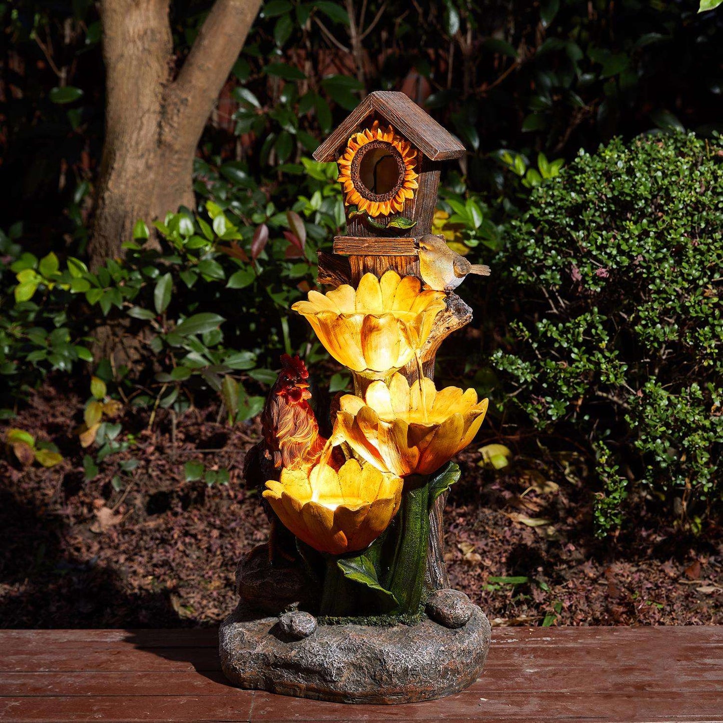  Glitzhome Resin Multi-color 28.5 In. H Farmhouse Sunflowers And Birdhouse Outdoor Fountain
