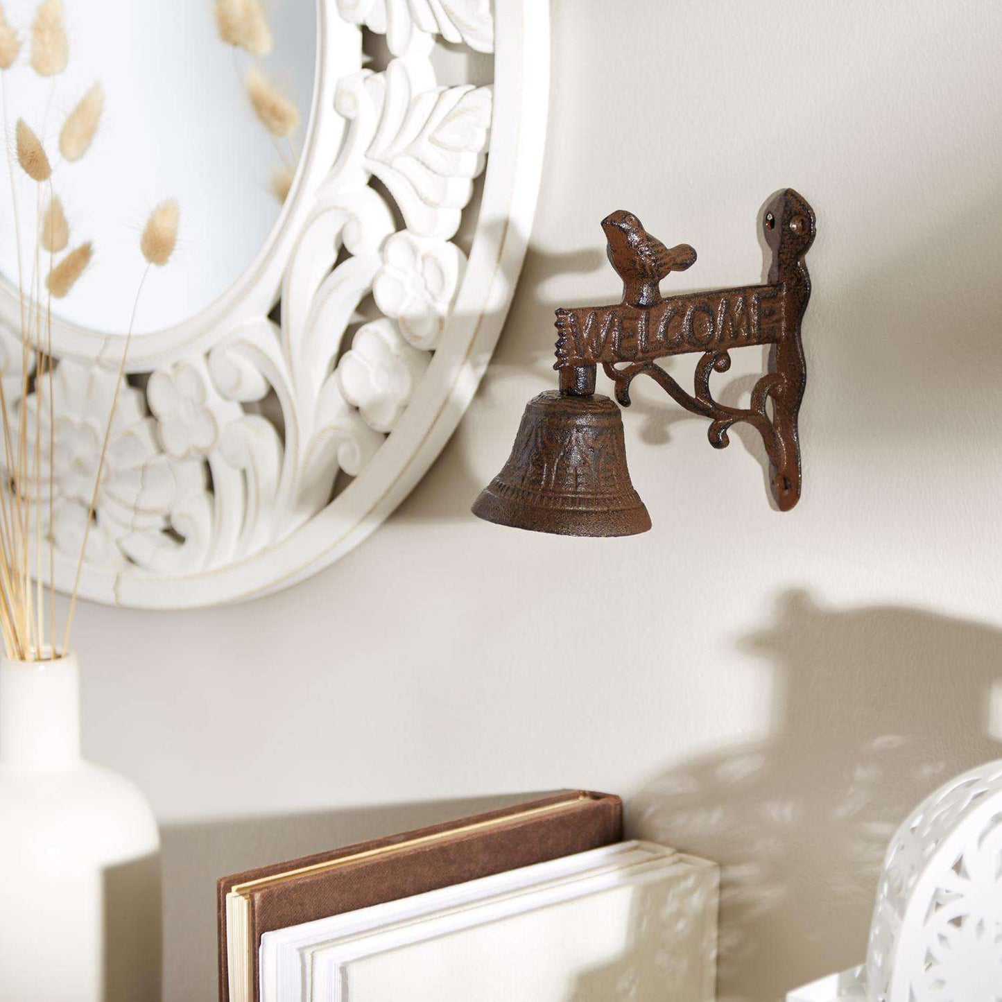  Zingz & Thingz Brown Cast Iron 5.75 In. H Welcome Sign With Bird Bell Wall Hanging Decor