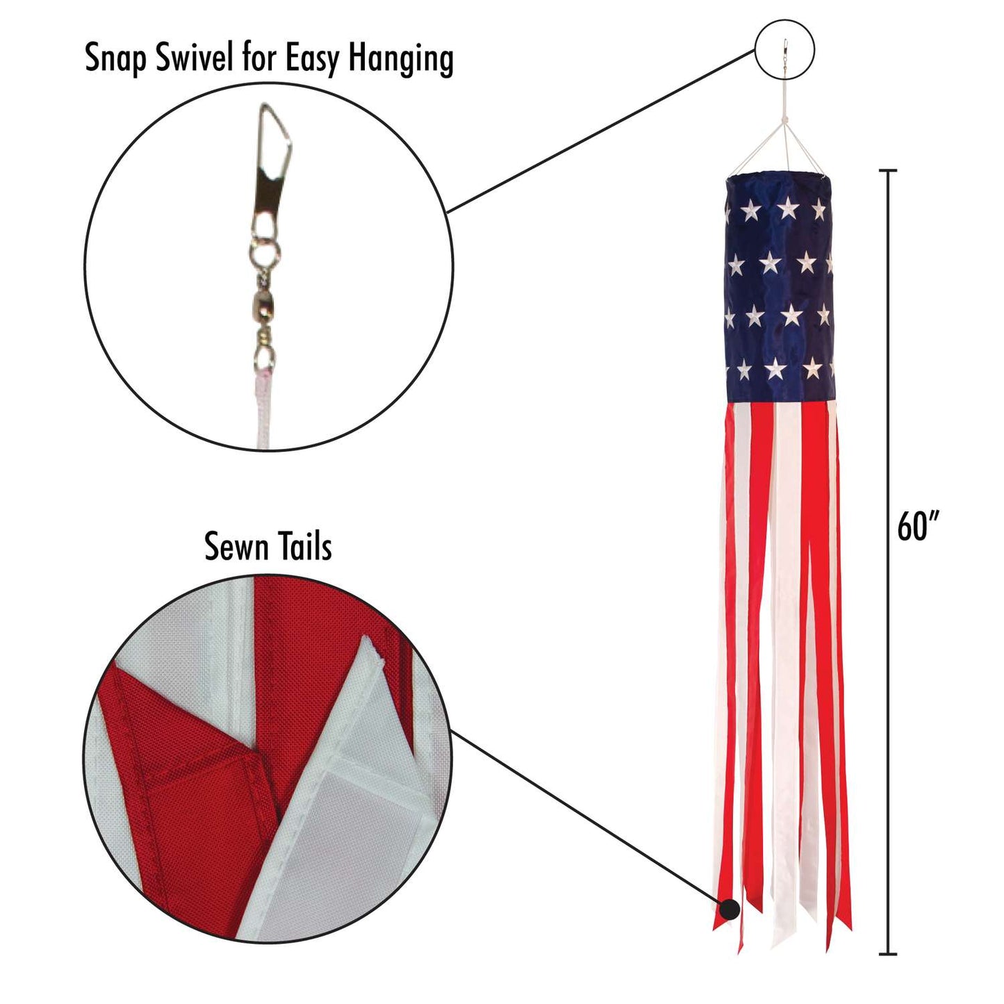  In The Breeze U.S. Stars And Stripes Embroidered Windsock 60 In. H X 8 In. W