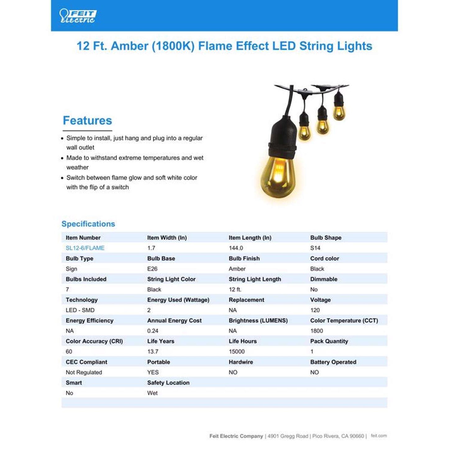  Feit String Lights LED Flame Bulb String Lights Amber 12 Ft. 6 Lights