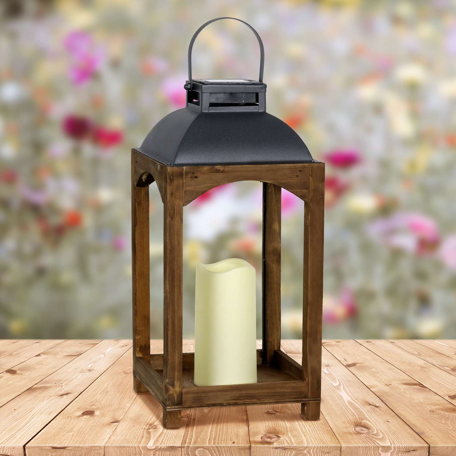  Exhart 16 In. Metal/Wood Solar Lantern With Candle Multicolored