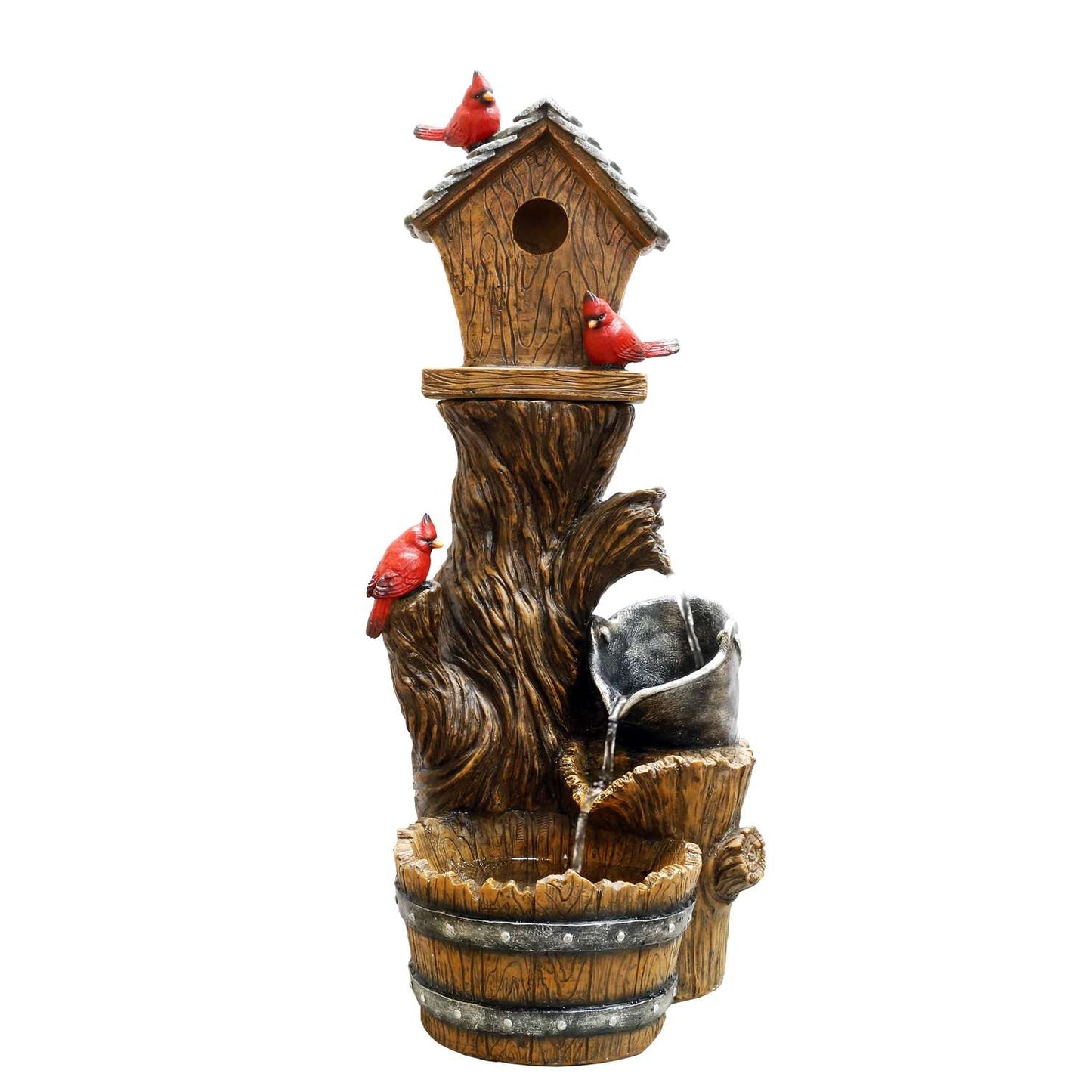  Alpine Resin Multi-color 34 In. H Cardinal Birdhouse Cascading Barrel Fountain