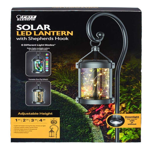  Feit Solar Fixtures 12 In. Solar Power Metal Round Coach Lantern Crackle Jar W/Fairy Lights Black