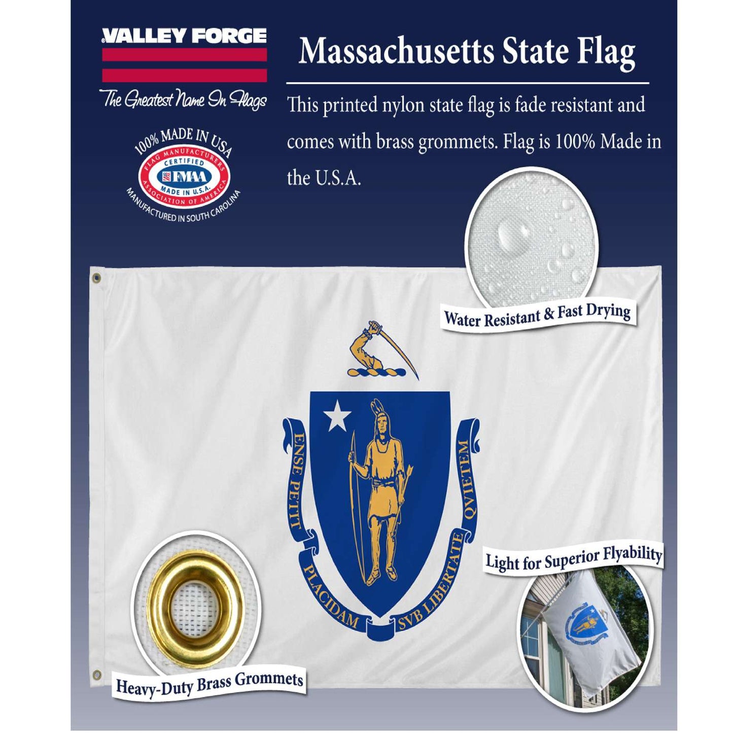  Valley Forge Massachussets State Flag 36 In. H X 60 In. W