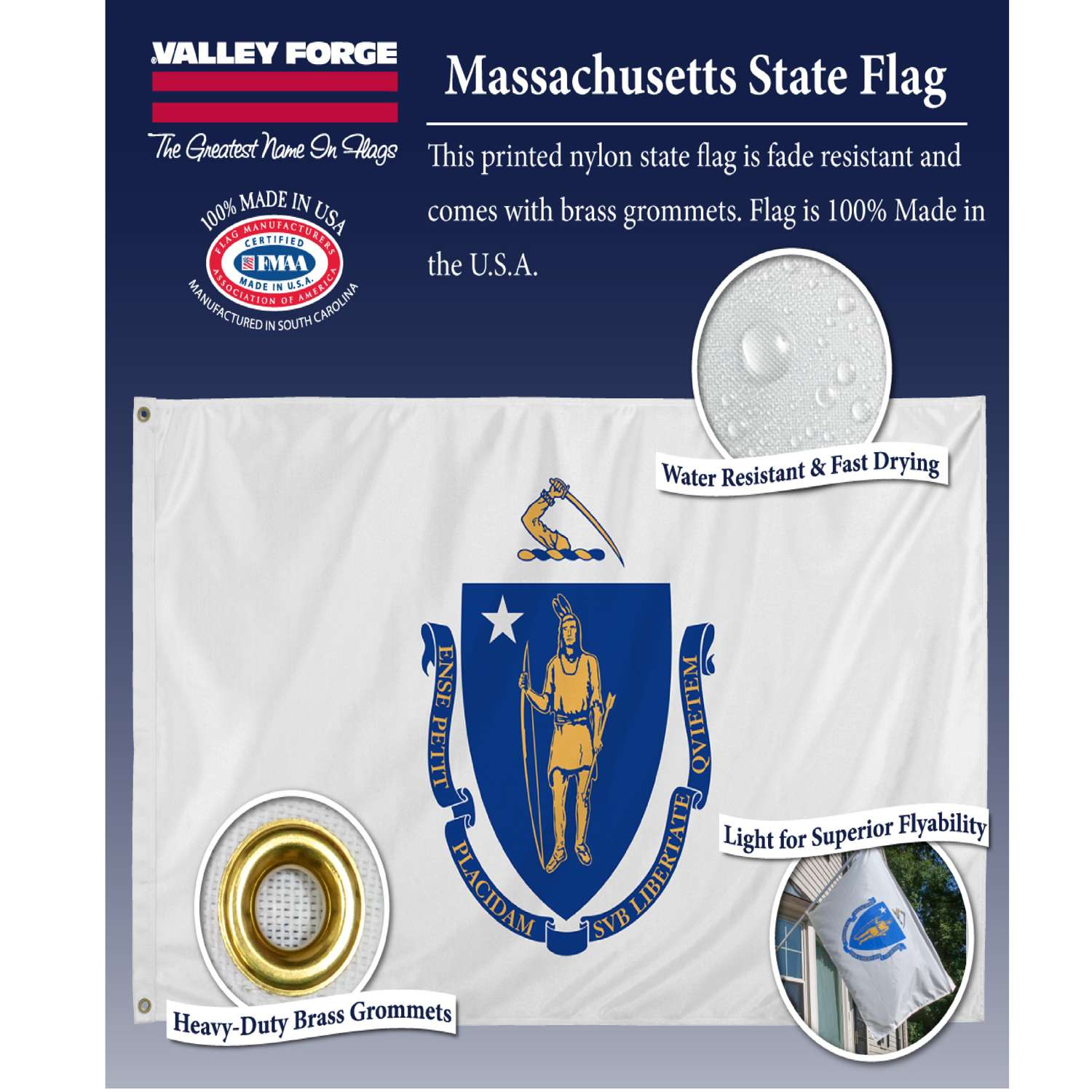  Valley Forge Massachussets State Flag 36 In. H X 60 In. W