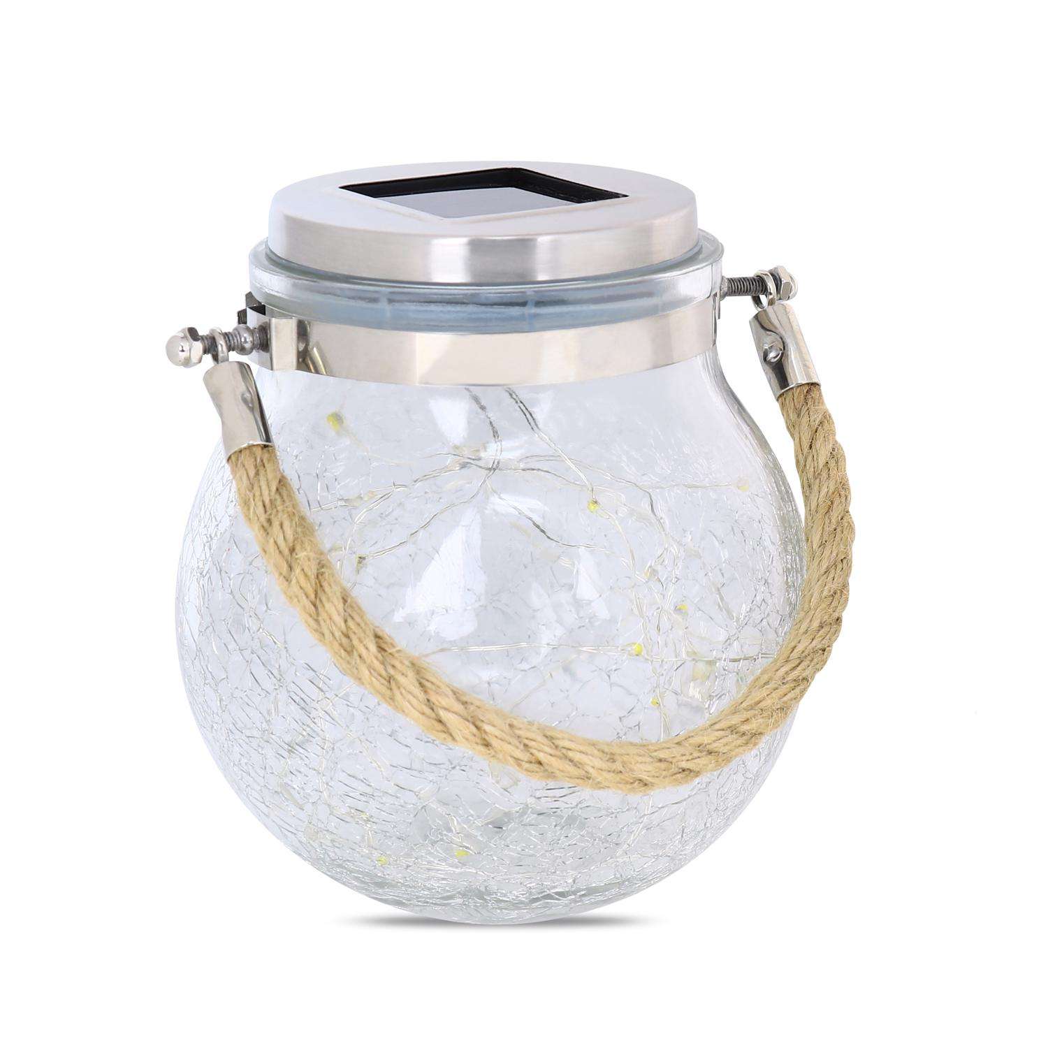  Feit Solar Fixtures 3.7 In. Solar Power Glass Round Coach Lantern Crackle Jar W/Fairy Lights Clear