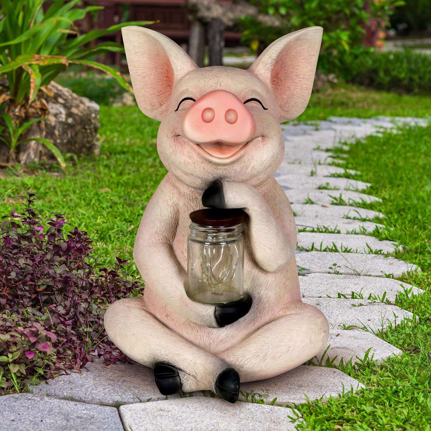  Exhart WindyWings Multicolored Plastic/Resin 10.5 In. H Pig With Firefly Jar Statue