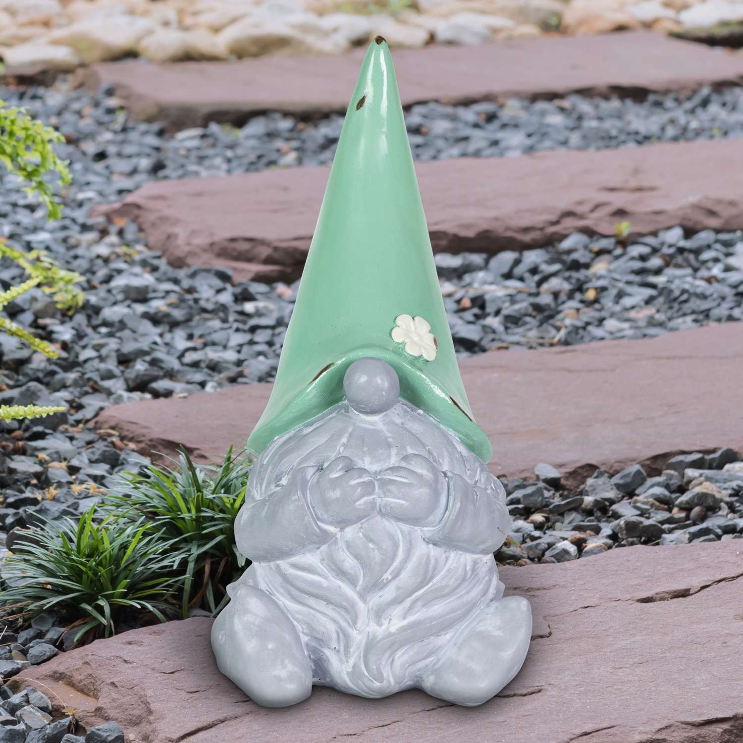  WindyWing Gray Resin 10 In. H Green Hat Grey Garden Gnome Statue