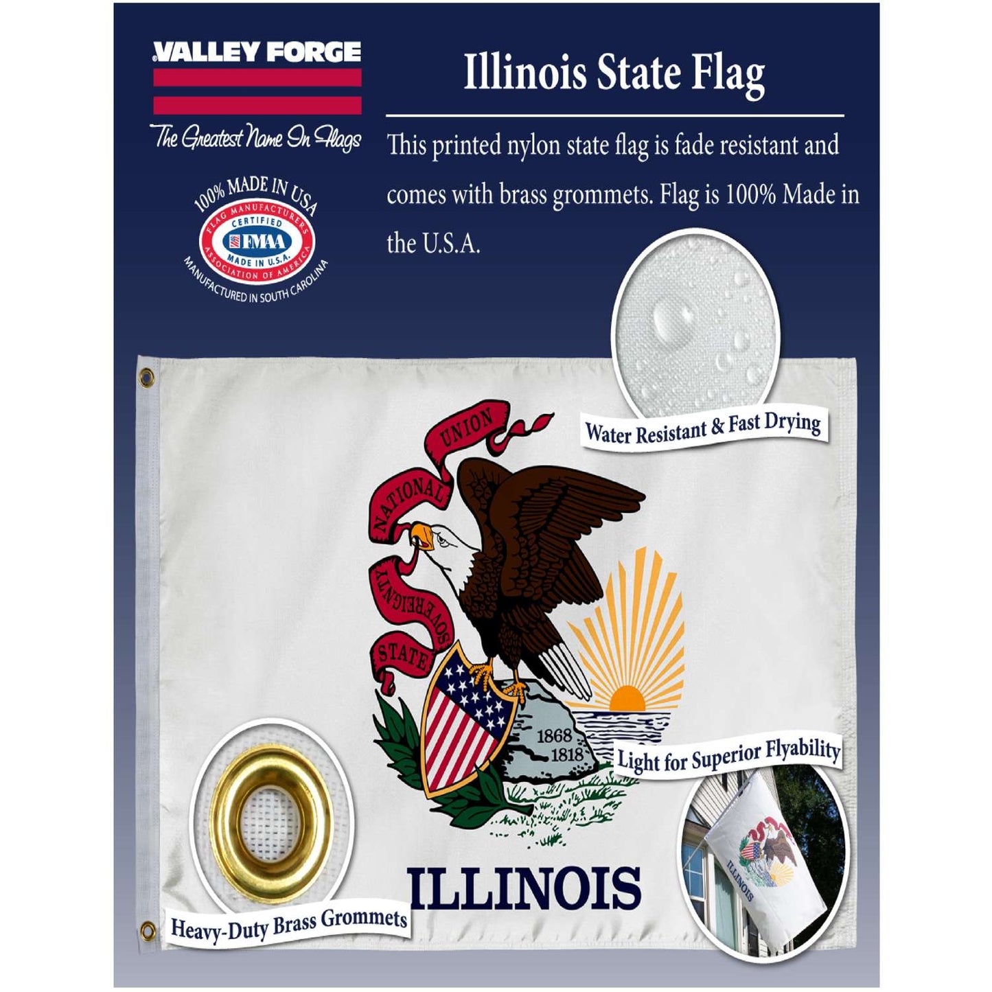  Valley Forge Illinois State Flag 36 In. H X 60 In. W