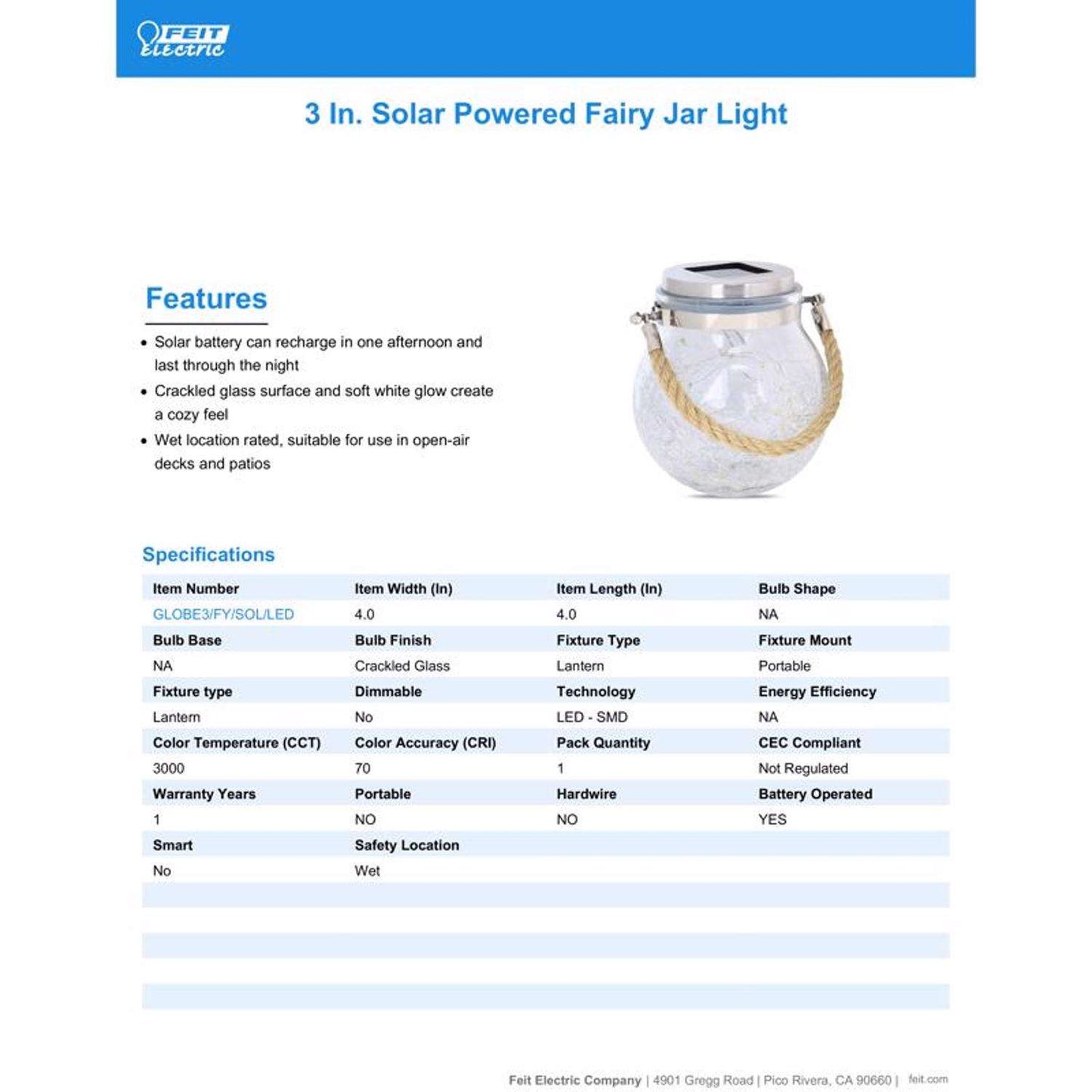  Feit Solar Fixtures 3.7 In. Solar Power Glass Round Coach Lantern Crackle Jar W/Fairy Lights Clear