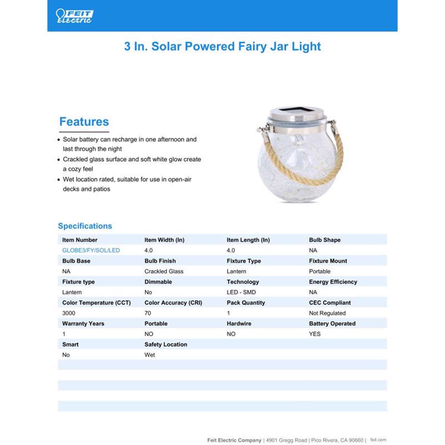  Feit Solar Fixtures 3.7 In. Solar Power Glass Round Coach Lantern Crackle Jar W/Fairy Lights Clear
