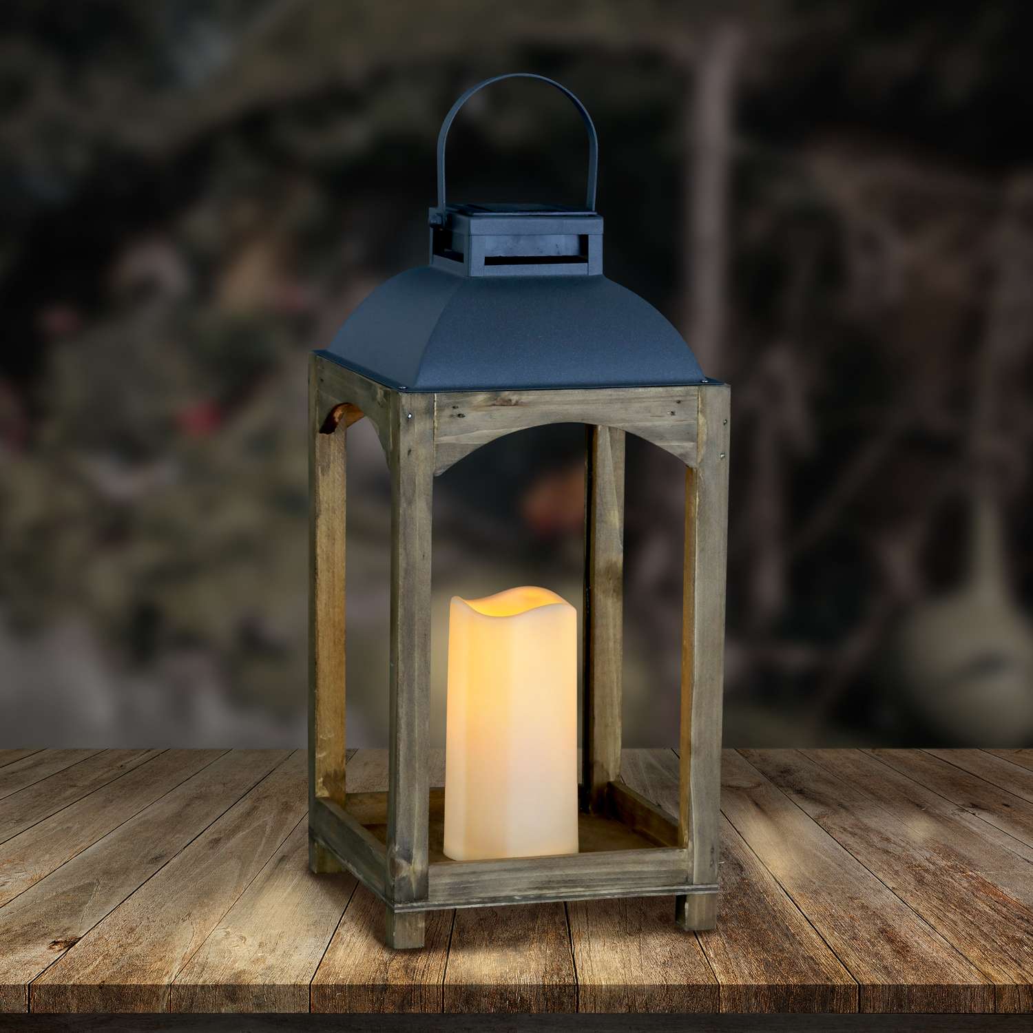  Exhart 16 In. Metal/Wood Solar Lantern With Candle Multicolored