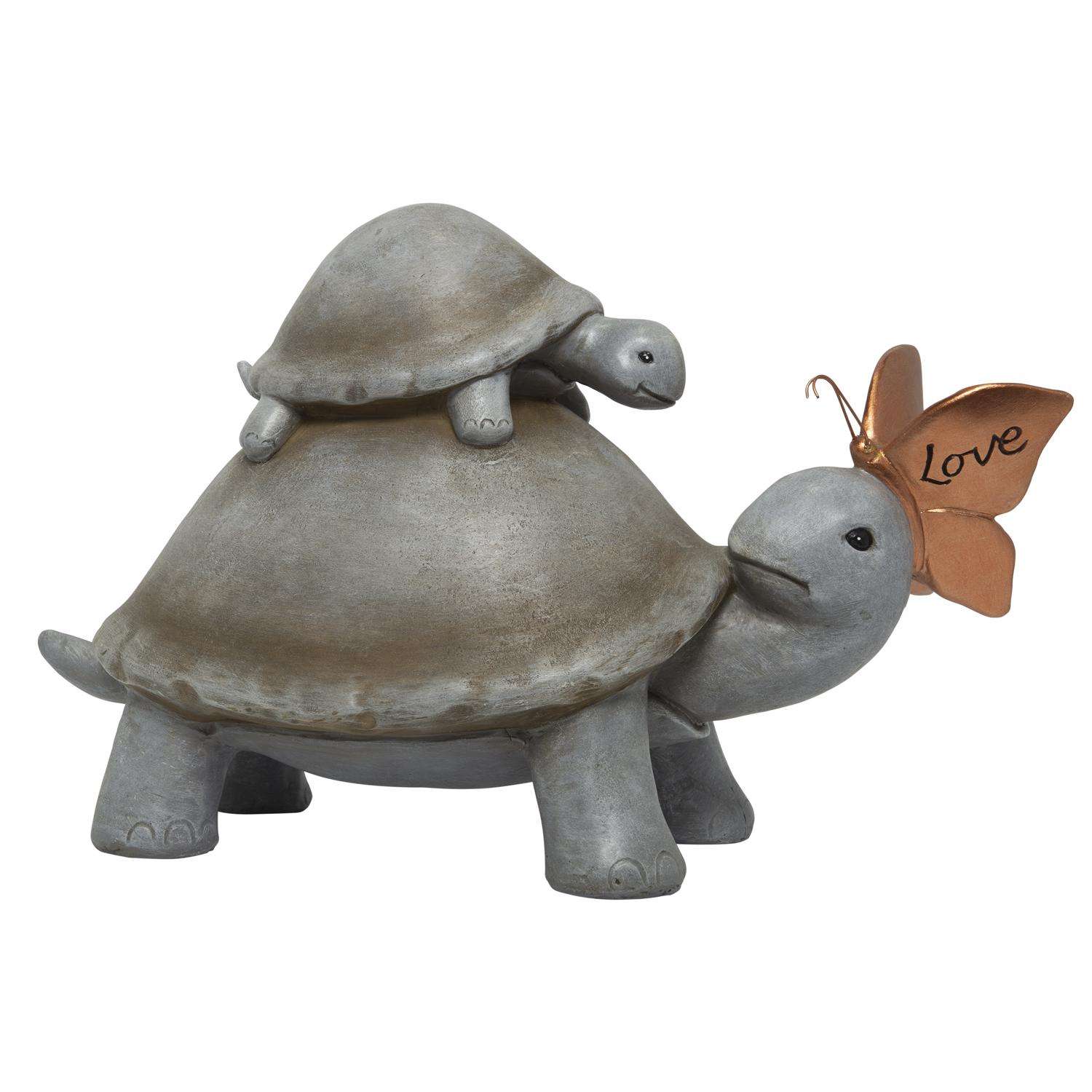  Alpine Polyresin Multi-color 9 In. Mother And Baby Turtle With Love Butterfly Garden Statue