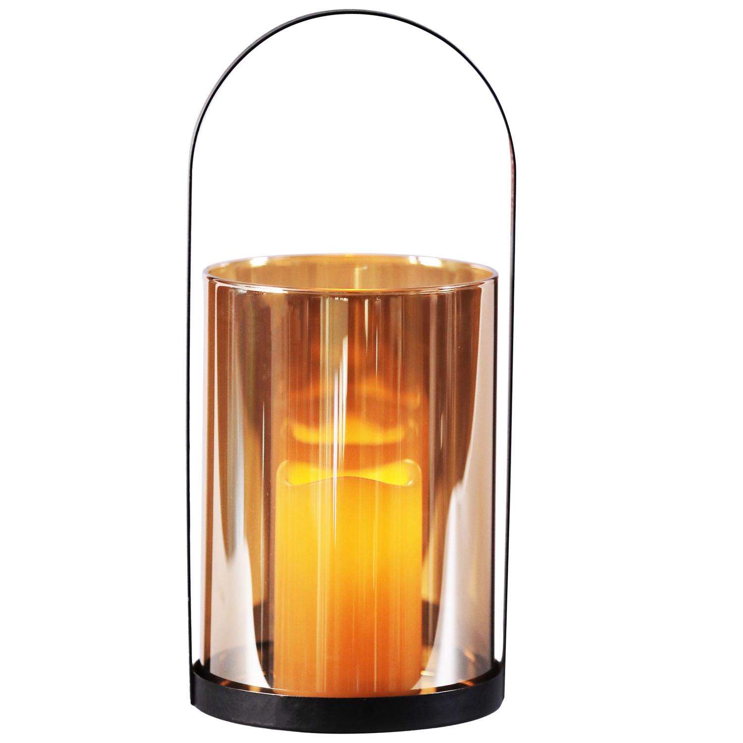  Smart Living 13.6 In. One Mantle Glass/Metal Hurricane LED Candle Lantern Black