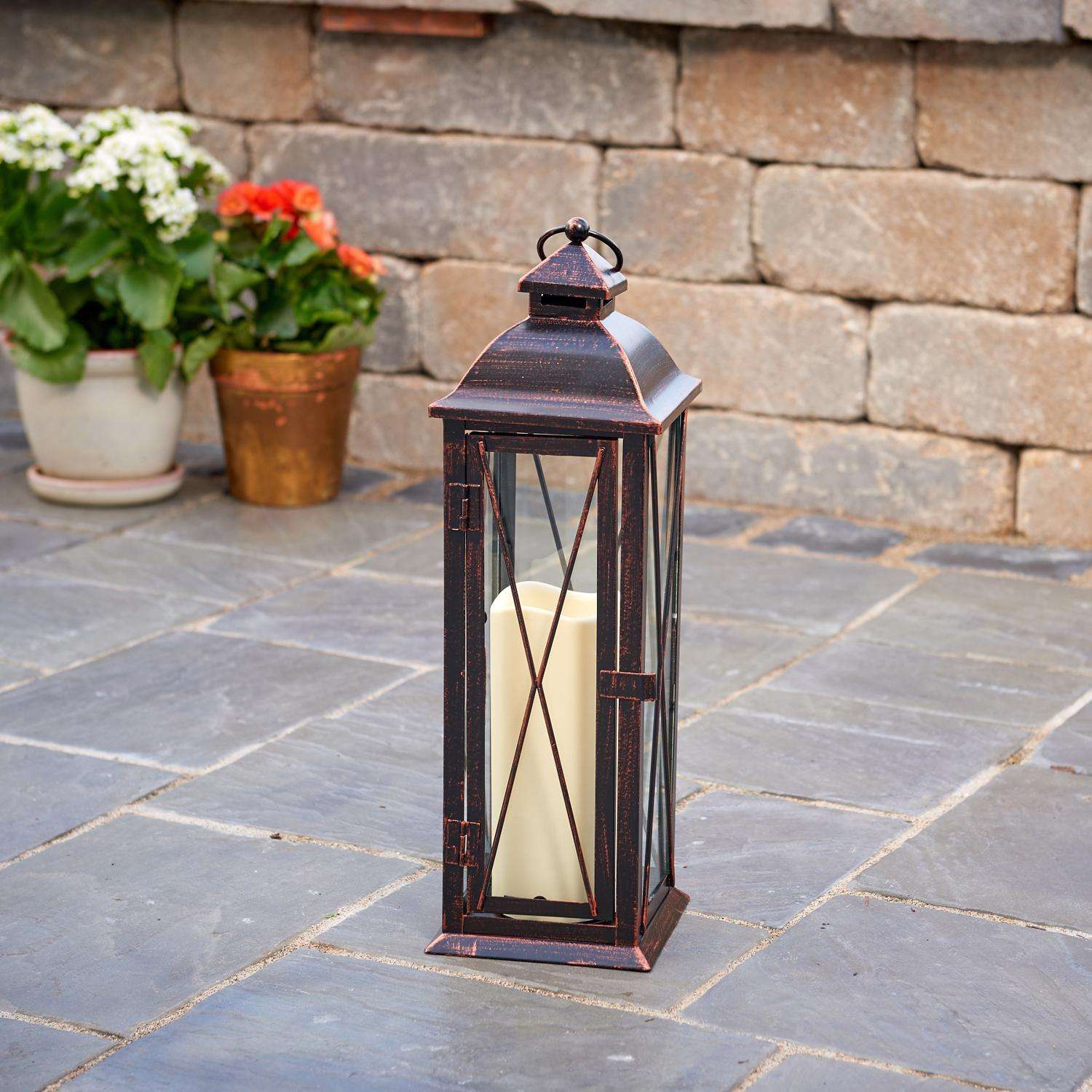  Smart Living 16 In. Glass/Metal Siena LED Candle Lantern Bronze