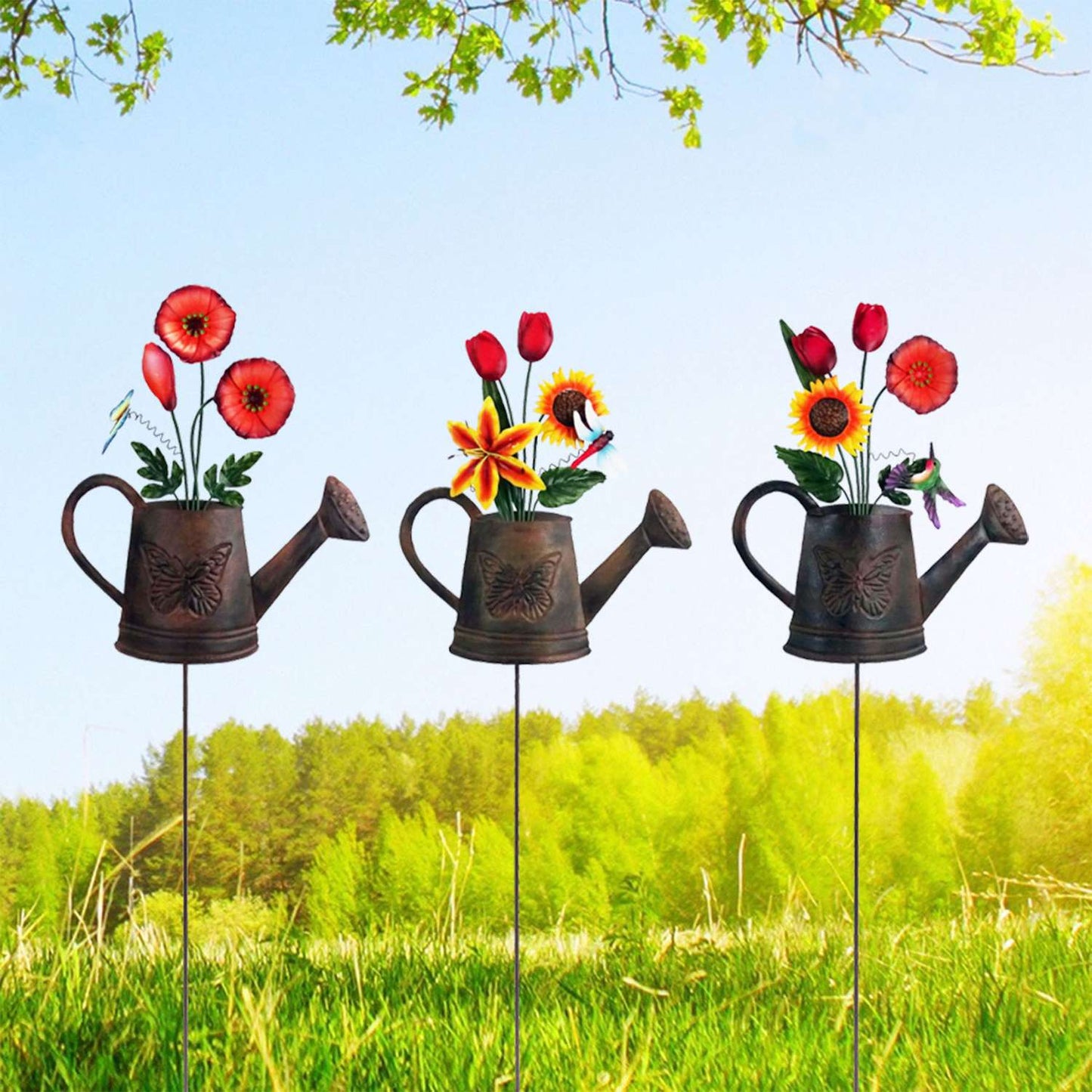  Alpine Multicolored Metal 36 In. H Watering Can With Flowers Outdoor Garden Stake