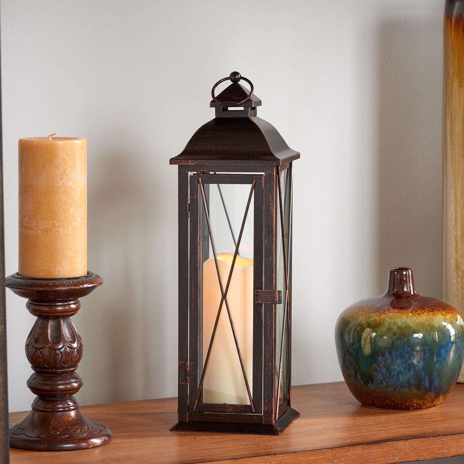  Smart Living 16 In. Glass/Metal Siena LED Candle Lantern Bronze