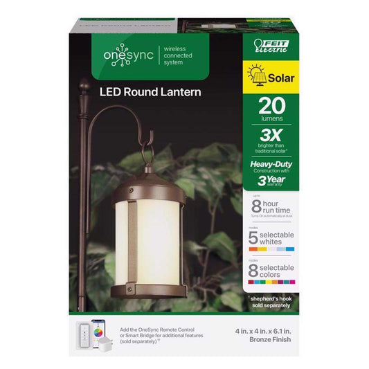  Feit Smart Home 4 In. Solar Power Metal Round Hanging Lantern Bronze