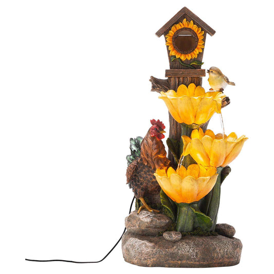  Glitzhome Resin Multi-color 28.5 In. H Farmhouse Sunflowers And Birdhouse Outdoor Fountain